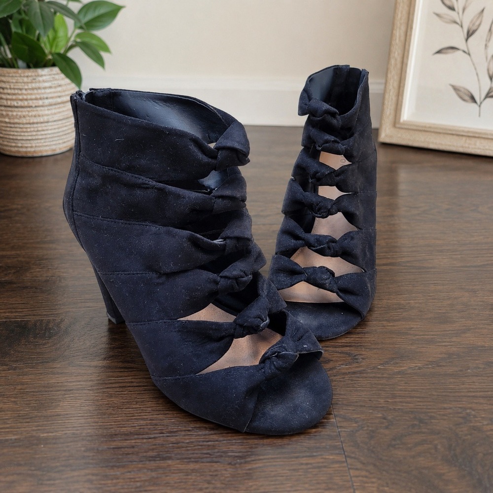 Torrid Black Knotted Cage Peep Toe Booties Block Heel Wide Width 9W 10963020